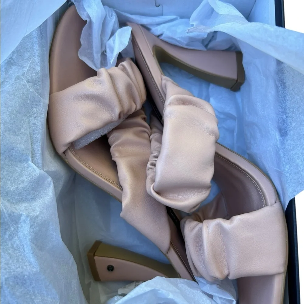 French Connection Crystal Ruched Block Heel Sandals Blush Vegan Leather US 11